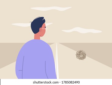 Wild west landscape, a rear view of a male character looking at a tumbleweed ball, dry climate, emptiness