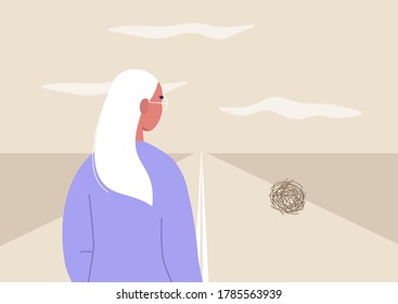 Wild west landscape, a rear view of a  female character looking at a tumbleweed ball, dry climate, emptiness
