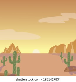 Wild west landscape sunset background vector cartoon illustration