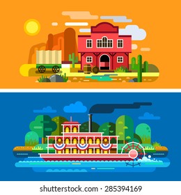 Wild West landscapes: sunset in desert, mountains, town, saloon, cactus, wagon,  steamboat on river, trees. Sceneries of America, Wild West. Set of colorful vector flat illustrations and backgrounds.