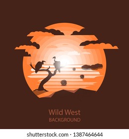 Wild west landscape.Vultures on the tree. Negative space illustration
