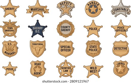 Wild West Law Enforcement Star and Shield Badge Vector Set Featuring Vintage Sheriff Marshal Deputy Ranger Police Constable and Lawman Metallic Insignias.eps