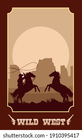 wild west lettering poster with cowboy lassoing horse vector illustration design