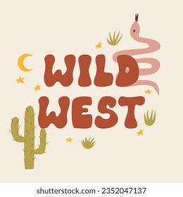 Wild west lettering and snake, cactus, moon and stars. Western vector illustration with groovy text