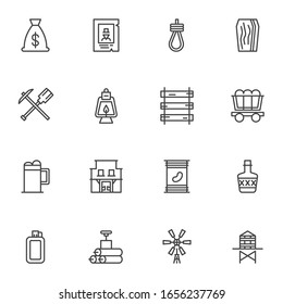 Wild west line icons set. linear style symbols collection, outline signs pack. vector graphics. Set includes icons as money bag, rum bottle, wanted poster, gallows, coffin, saloon, dynamite, western