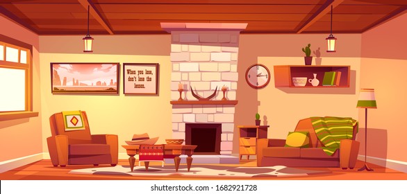 Wild West Living Room Empty Interior With Western Rustic Style Furniture. Cartoon Vector Fireplace With Horns And Candles, Couch With Plaid, Armchair, Table, Floor Lamp, Bookshelf And Cow Skin Rag