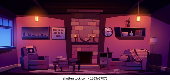 Wild West Living Room At Night, Empty Interior With Western Rustic Style Furniture. Cartoon Vector Fireplace With Horns And Candles, Couch With Plaid, Armchair, Table, Glow Lamps And Cow Skin Rag