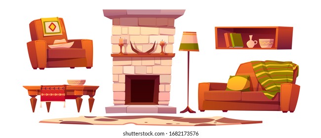 Wild west living room stuff set. Western rustic style furniture, fireplace with horns and candles, couch with plaid, armchair, table, floor lamp, book shelf, cow skin rag, Cartoon vector clip art