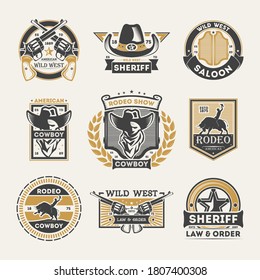 Wild West Logo. Vector Vintage American Rodeo Emblem, Saloon Badge, Cowboy Show Logo, Sheriff Law And Order Sign Isolated Set On White. Wild West Theme. Authentic Western Element Illustration