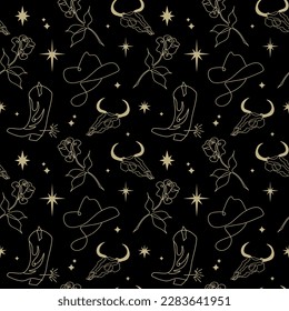 Wild west minimalism magic beautiful thin line seamless pattern linear aesthetic set vector image with cowboy hat, rose, bull skull, cowboy boots, stars shapes and cacti