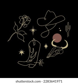 Wild west minimalism magic beautiful thin line icons or tattoo pack linear aesthetic set vector image with cowboy hat, rose, bull skull, cowboy boots, stars shapes and cacti pack