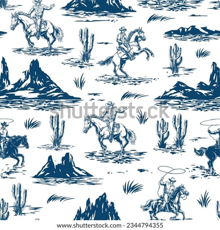 Wild west monochrome pattern seamless with cowboys on horseback traveling through desert with cacti in search of adventure vector illustration