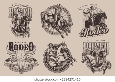 Wild west monochrome set flyers with rodeo promo with men riding stallions and angry cows vector illustration