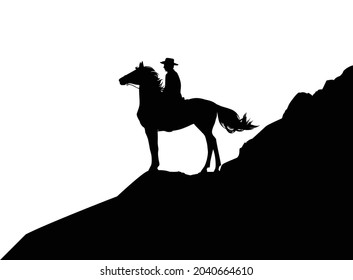 wild west mountain landscape scene - vector silhouette design with cowboy and horse standing on cliff slope