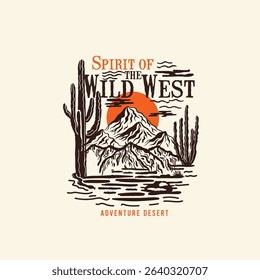 Wild West Mountain Sunset cactus desert vector graphic design