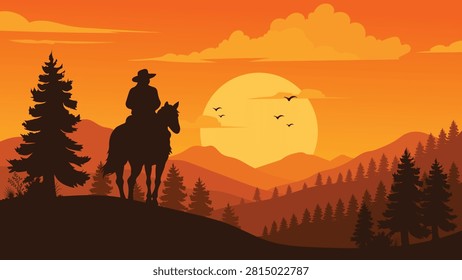 Wild West Mountain Sunset Flat Vector Landscape With Lone Cowboy On Horseback And Pine Trees