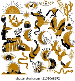 Wild west. Mystical snake, cactus, star, leaf, bard, moon, sun, crustal, hand with snake. Old west. Vector illustration