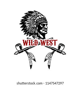 Wild west. Native american chief head. Design element for logo, label, sign. Vector illustration