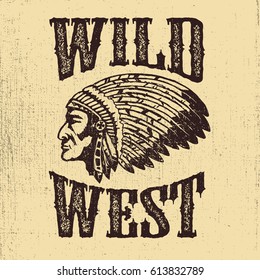 Wild West. Native american chief head illustration. Design elements for logo, label, emblem,sign. Vector illustration