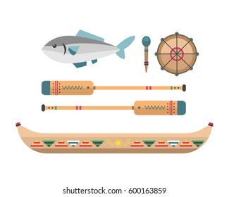 Wild west, Native American traditional art objects. Fish, canoe, paddles, drum