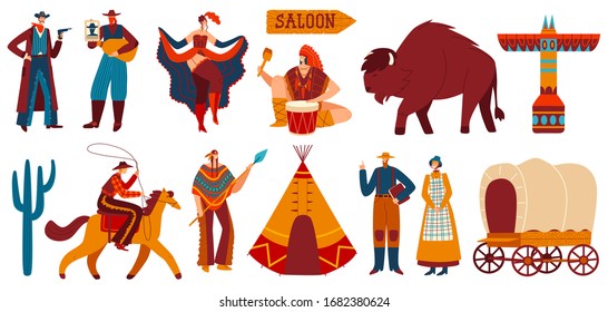 Wild West, native Americans and cowboys, set of isolated icons, vector illustration. Culture of American Indians, teepee tent and buffalo. People of Wild West, sheriff and bandit, peasant couple