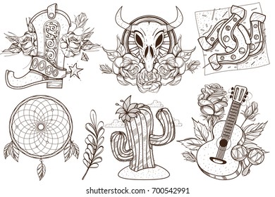 Wild west and nature. A set of outline illustrations with sketches of tattoos.