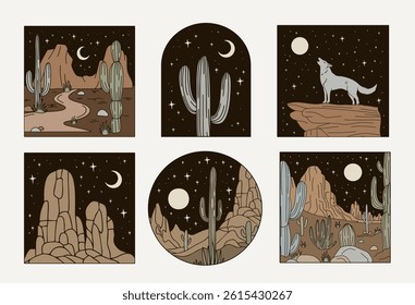 Wild west night desert landscape set. 