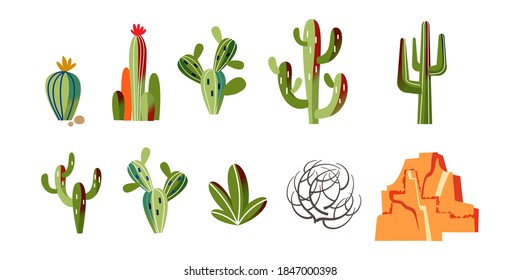 Wild west objects in nature set. Desert icons of different green cactus, bush and orange rocks. Western american wilderness vector illustration. Cacti with thiorns and flowers on white background.