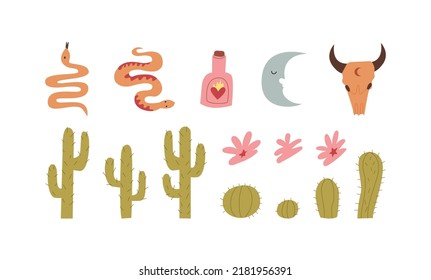 Objetos salvajes del oeste sobre un fondo aislado. Serpientes, botella de ron, luna, cráneo de toro, cactus y flores abstractas. Ilustración vectorial al estilo occidental.