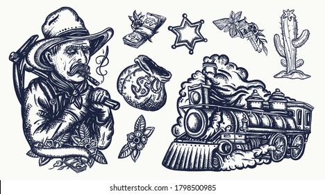 Wild West. Old school tattoo vector collection. Digger, steam train. USA art. Western concept. American history. Traditional tattooing style 