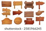 Wild west or old wooden board or empty sign. Vector set of retro billboard or vintage, rustic plaque. Cartoon timber information shield or signboard. Arrow for direction and guidance. Desert banner