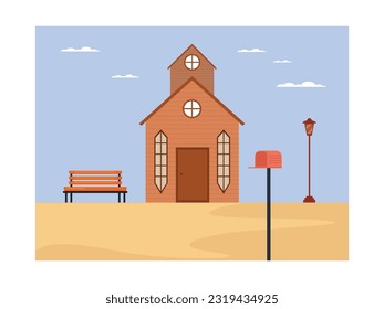 Wild west old wooden house building with post box, lounger, lamp in the village street.Cartoon flat illustration