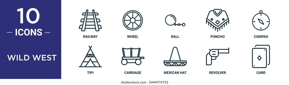 el conjunto de iconos de contorno del oeste salvaje incluye ferrocarril de línea delgada, rueda, bola, poncho, compas, tipi, iconos de carro para informe, presentación, diagrama, Diseño web