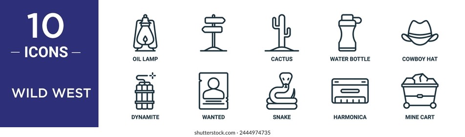 el conjunto de íconos del contorno del oeste salvaje incluye lámpara de aceite de línea delgada, cactus, botella de agua, sombrero de vaquero, dinamita, íconos deseados para informe, presentación, diagrama, Diseño web