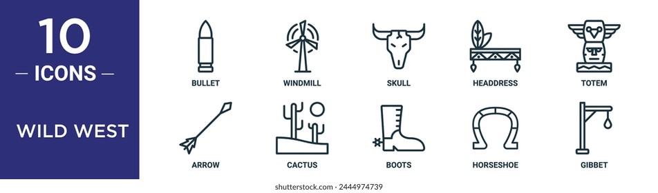 wild west outline icon set includes thin line bullet, windmill, skull, headdress, totem, arrow, cactus icons for report, presentation, diagram, web design