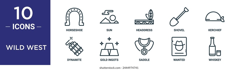 wild west outline icon set includes thin line horseshoe, sun, headdress, shovel, kerchief, dynamite, gold ingots icons for report, presentation, diagram, web design