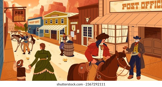 Panorama del oeste salvaje. Vieja ciudad americana con edificios de madera, campo en el desierto, ciudad texas. Vaquero, jinete, paseos a caballo, gente caminando por la calle de arena occidental. Ilustración vectorial plana