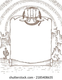 Wild West paper for text. Vector cowboy western hand drawn doodle background with cowboy boots and lasso on American canyon desert and cactuses