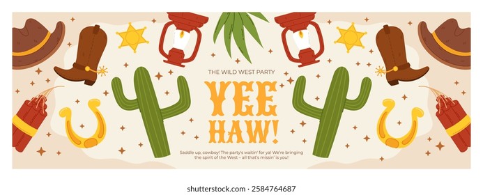 Wild West Party Banner with Cowboy Elements Including Cactus, Hats, Boots, Horseshoes, Lanterns, and Dynamite in a Fun Cartoon Style