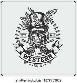 Wild west party emblem. Cowboy skull vintage labels, badges and design elements. Print design for t-shirt.