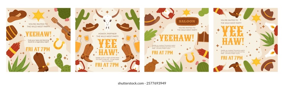 Wild West Party Invitation Design with Western Icons, Cowboy Hats, Cacti, Boots, and Saloon Elements, Perfect for Social Media Post, and Themed Celebrations