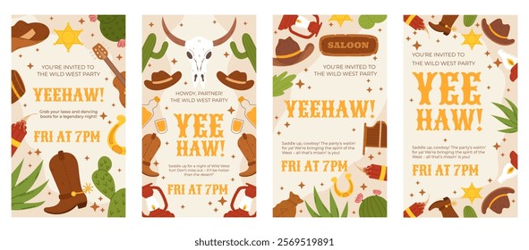 Wild West Party Invitation Set with Cowboy Hats, Cactus, Western Icons, and Yeehaw Text for Themed Event Vertical Social Media Stories