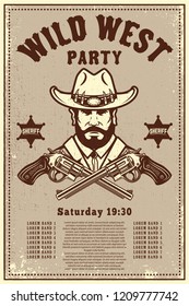 Wild west party poster template. Cowboy hat with crossed revolvers. Wild West theme. Design element for poster, card, banner, flyer. Vector illustration