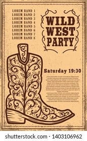 Wild west party. Poster template with cowboy boot on grunge background. Vector illustration