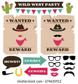 Wild West party vector photo booth props and design elements set (Wanted posters, lips, glasses, mustache)