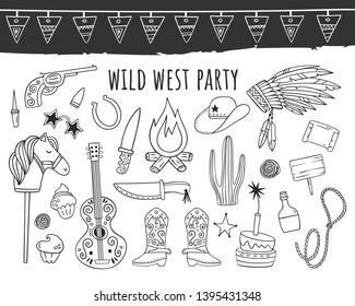 Wild West Party. Vector set of elements, objects. Line style, Doodle