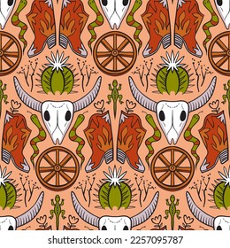 Wild wild west pattern with cowboy boots, cow skull, desert, cacti, cart wheel in damask style. Seamless vector background