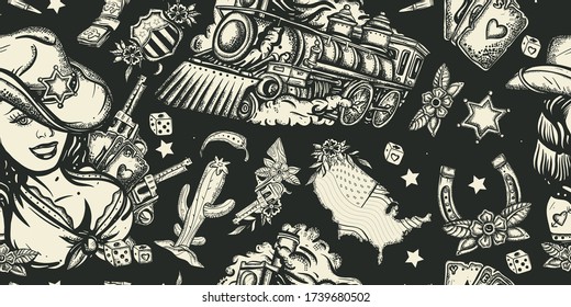 Wild West pattern. Western seamless background. Cowboy girl, train, sheriff star, guns and golden horseshoe. American history background. Old school tattoo style 