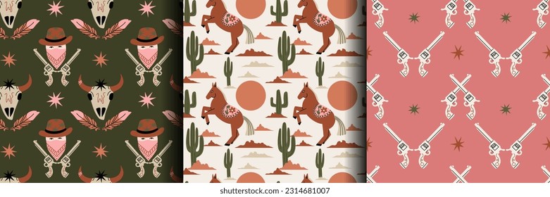 Wild west pattern. Western seamless texture. Rodeo boots and snake. Cowgirl and eagle in desert. Cartoon flat isolated elements. Contemporary print. Decor textile, wrapping paper, wallpaper, vector