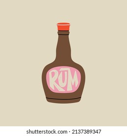 Wild west or pirate element in modern style flat, line style. Hand drawn vector illustration of rum bottle, alcohol drink, cartoon design. Cowboy patch, badge, emblem with lettering.